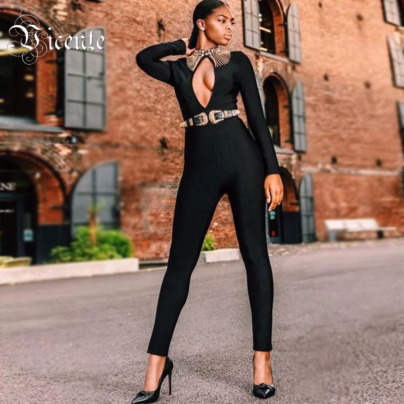 VC All Free Shipping HOT New Luxe Diamond Embellished Tassels Sexy Key Hole Celebrity Party Club Wear Bandage Jumpsuit