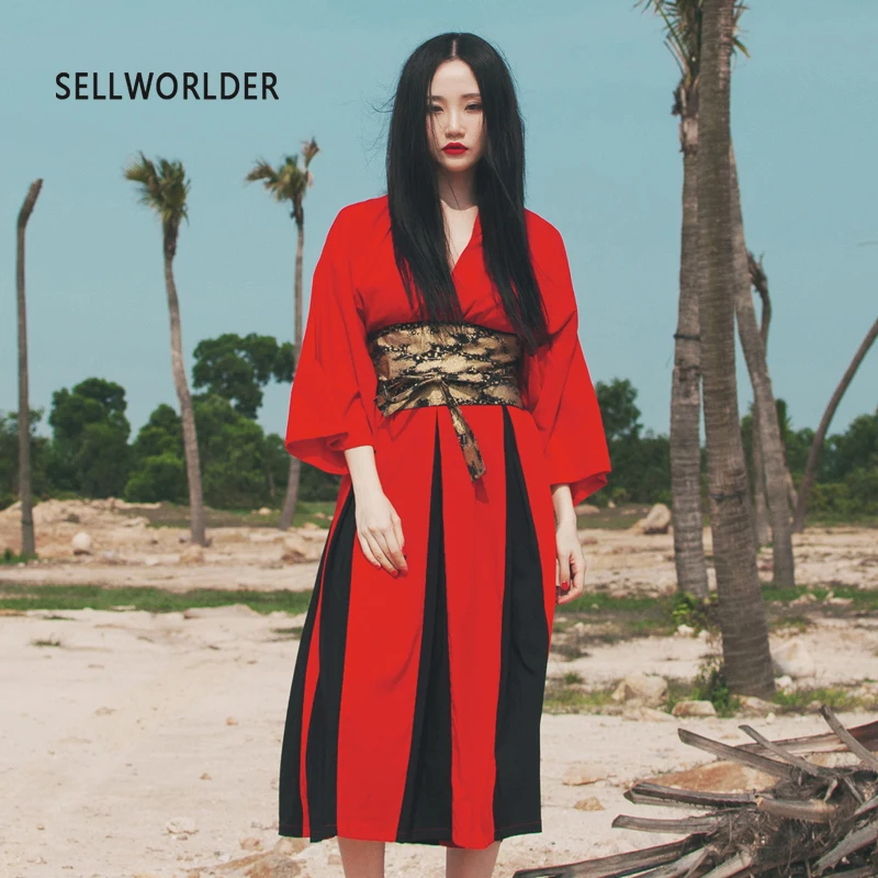 

2019 Woman Japanese Kimono Style red and black Loose Solid Sexy V neck Split Long Dress