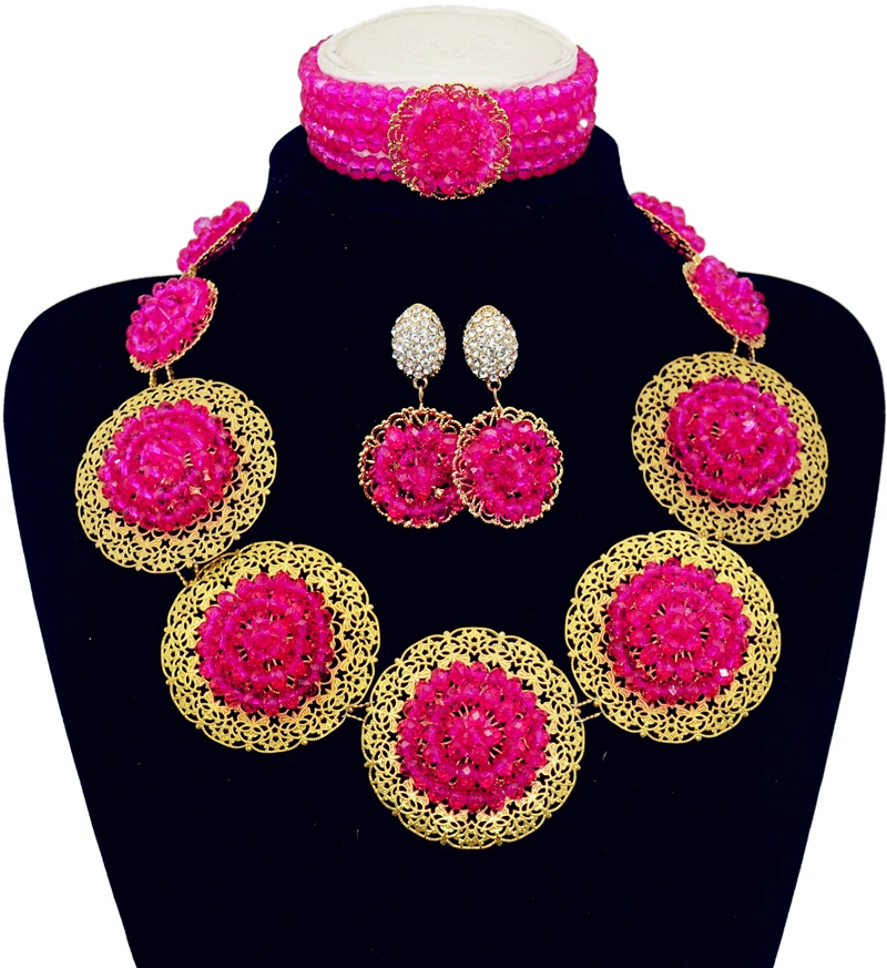 

2017 Latest Rose Trendy Nigeria Wedding Jewelry Set Gold-color Patterned Wafer Africa Beads Jewelry set