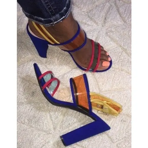 

Liren 2019 New Fashion Transparent PVC Ankle Strap Sandals Women Square High Heels Open Toe Sandals Mixed Colors Shoes Size 40