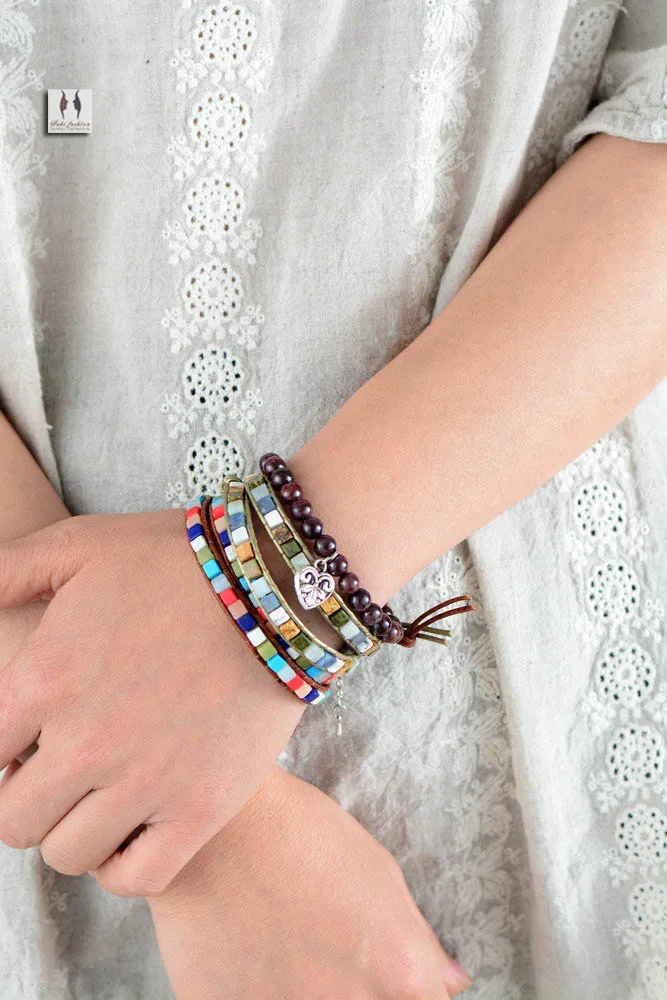 Leather Bracelets Mix Square Natural Stones 2 Strands Leather Wrap Bracelets Vintage Weaving Boho Bracelet Dropshipping