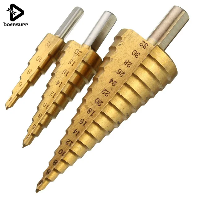 3Pcs HSS Steel Large Step Drill Bit Set 4 12/20/32mm Cone Titanium