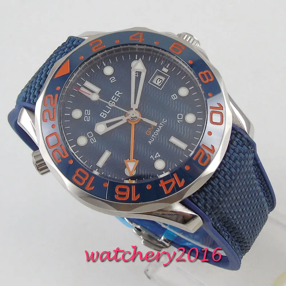 41mm bliger Blue dial shallow waves sapphire glass GMT date automatic mens watch