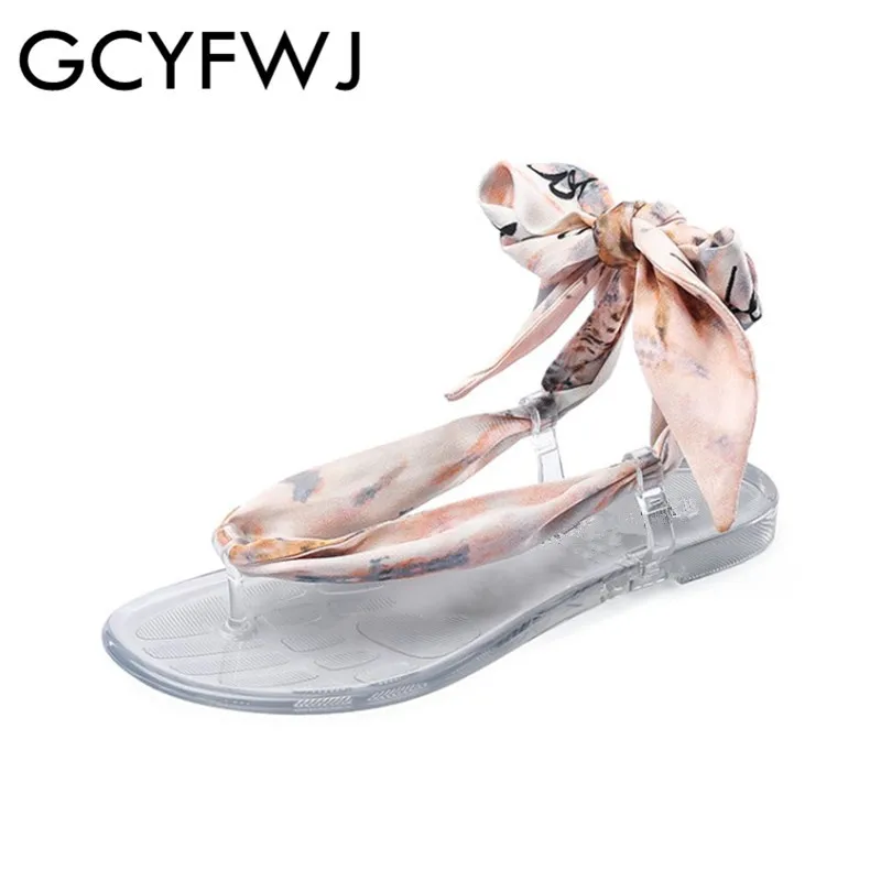 

GCYFWJ Silk Printed Sandals Ladies Hot Sale Transparent Jelly Ankle Strap Clip Toe Beach Flat Sandal Fashion Show Women's Shoes