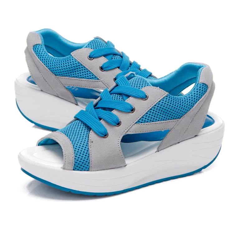 

VSEN Summer new fish head sandals Women's shoes slope with platform muffin Blue US5=EUR36=feet length 23CM