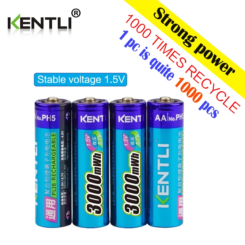 KENTLI 4pcs/lot Stable voltage 3000mWh aa batteries 1.5V rechargeable