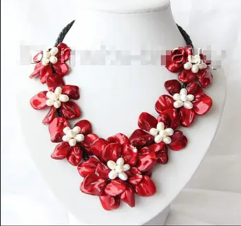 

Free shipping hot sale Women Bridal Wedding Jewelry >>classic white baroque freshwater pearl red shell flower leather necklace