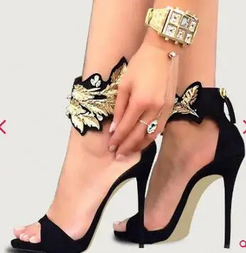 

Moraima Snc Sexy Open Toe Black and Gold Evening Shoes Ankle Strap Stiletto Heels Suede Sandals