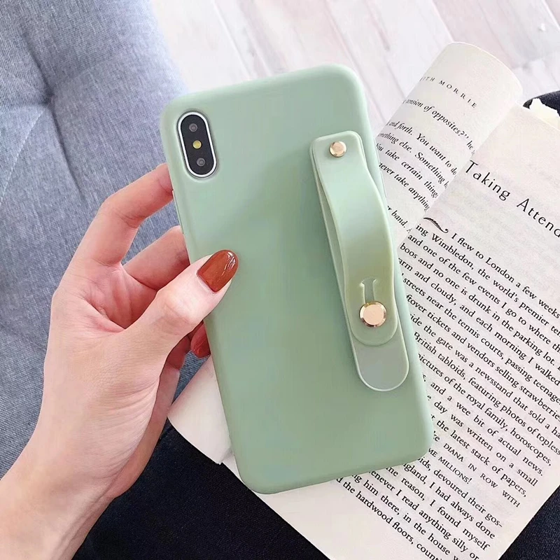 Cute candy color silicone wrist strap bracket soft phone case for iphone X XR XS MAX 6S 7 8 Plus for samsung S8 S9 S10 Note 9