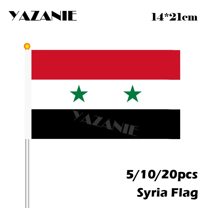 

YAZANIE 14*21cm 5/10/20pcs Syria World National Flag Small Hand Wave Flags with Plastic Flagpole for Sports Fans Free shipping
