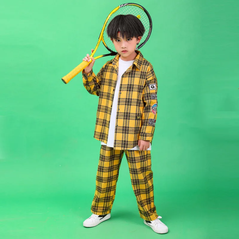 2019 New Children Hip-hop Street Dance Performance Costume Autumn Boys Girls Loose Jazz Dance Show Yellow Plaid Shirt Pants Set (5)