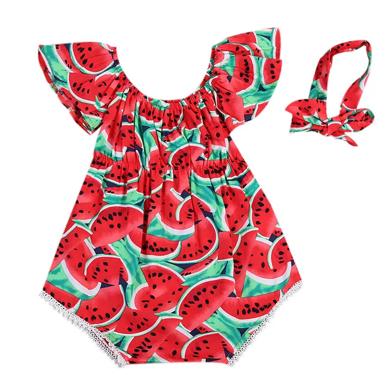 

Cute Summer Newborn Infant Baby Girls Watermelons Print Backless Romper Jumpsuit with Headband Outfit Clothes