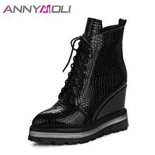 ANNYMOLI/зимние женские ботильоны на платформе; ботинки на танкетке; женские осенние ботинки на высоком каблуке; обувь; модель года; размер 42; Chaussure Femme