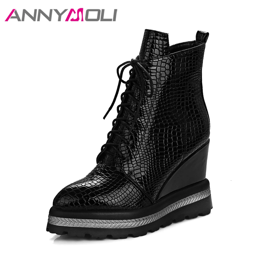 Tanie ANNYMOLI zimowe damskie botki platformowe buty na koturnie buty damskie wysokie obcasy jesienne buty buty 2018 rozmiar 42 Chaussure Femme