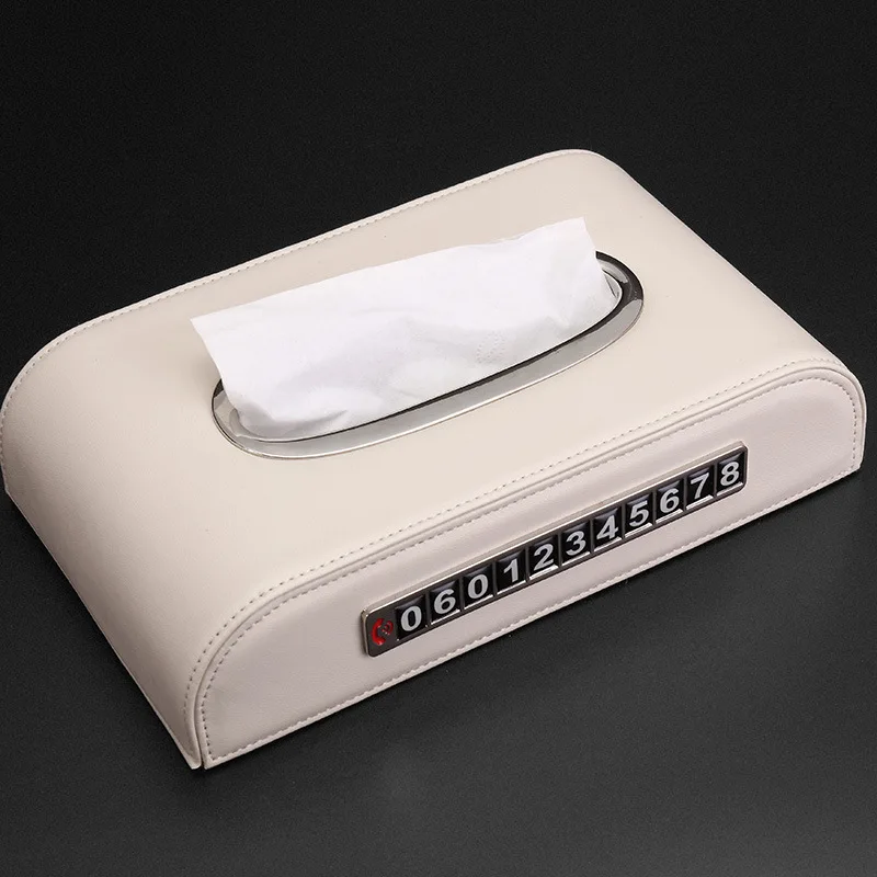 QHCP автомобильная коробка для салфеток бумажная салфетка контейнер для полотенец автомобильный кожаный держатель Бумажная насосная кассета с временными автомобильными парковочными пластинами - Название цвета: Cream Metal Ring Edg