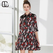 

2018 Spring Summer Women's Chiffon Patchwork Lace Elegant Dresses Cartoon Print Turn-down Collar Casual Plus Size Woman Dress