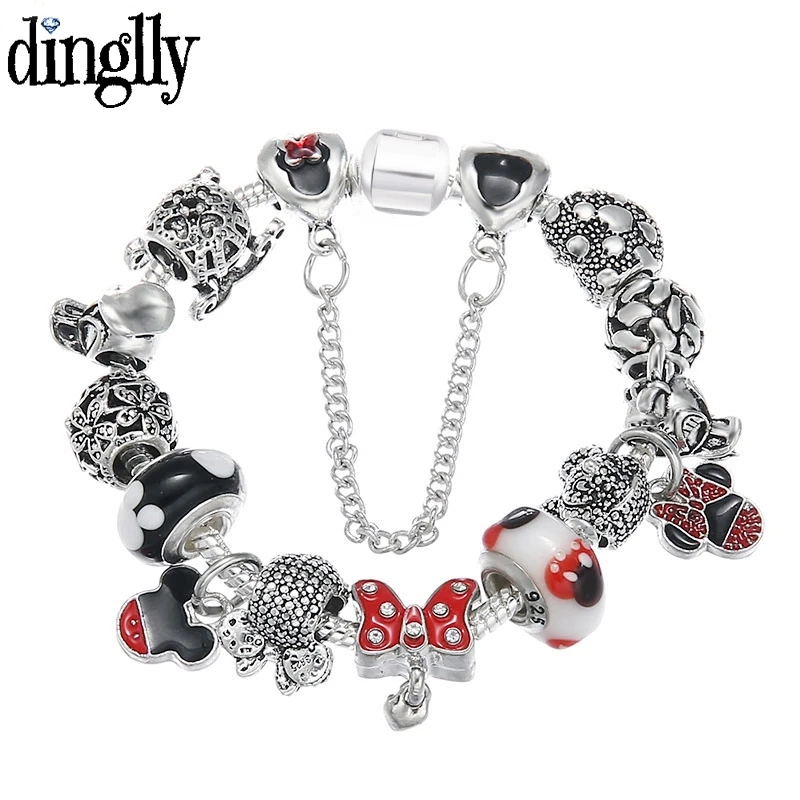 

DINGLLY 16cm-21cm Cartoon Mickey Minnie Portrait Beaded Brands Bracelet For Women Children Charm Bracelets Bangle Jewelry Gift