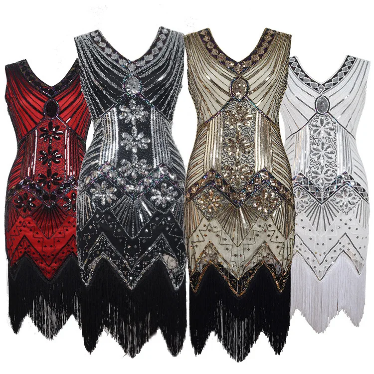 

1920 vintage sequins nail bead dress v-neck fashionable tassel dress