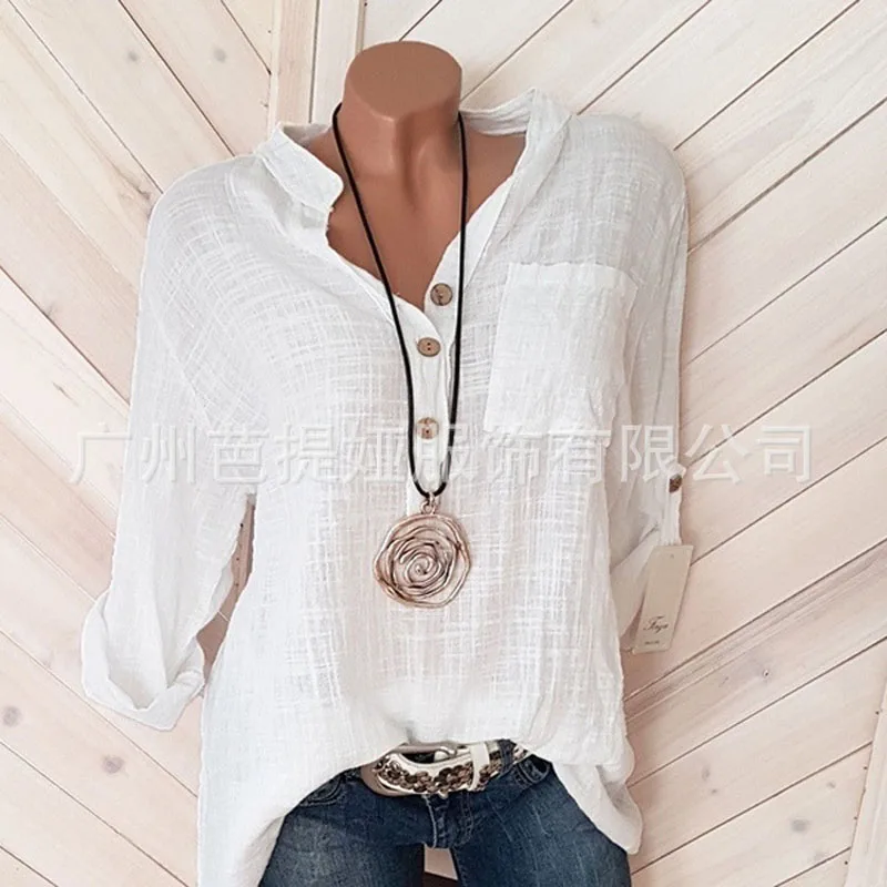 Blusas mujer de moda 2019 летние camisa V образным вырезом элегантные свободные льняные рубашки