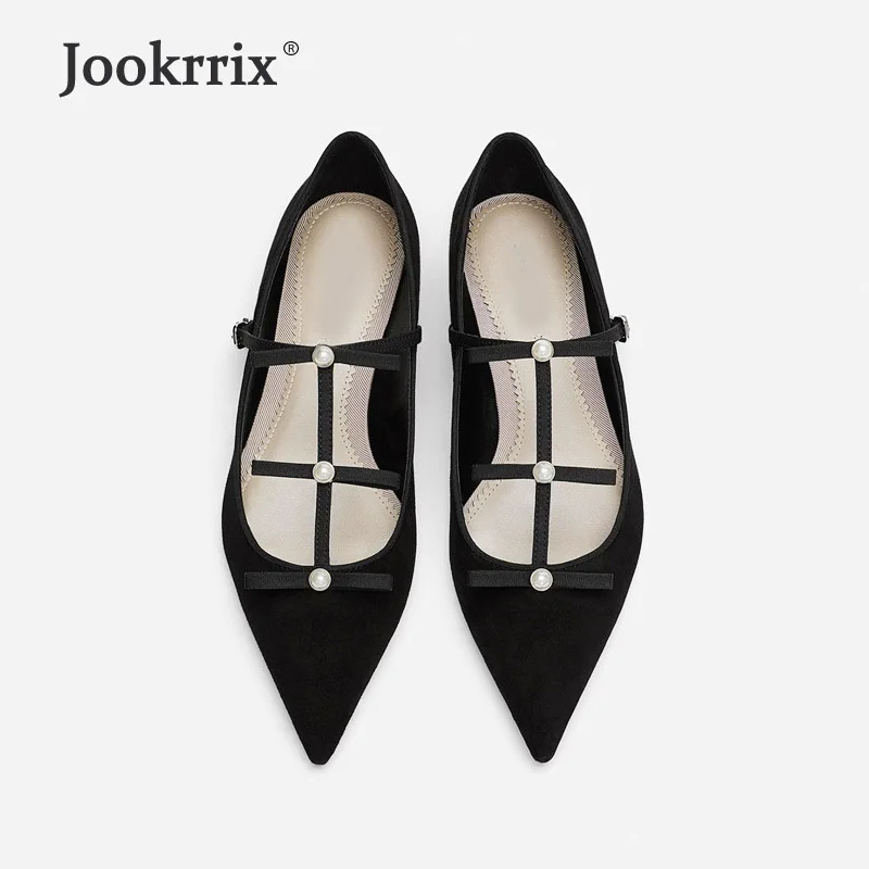 

Jookrrix Ballet Shoes Women Fashion Brand Flats Pearl Lady chaussure Bow Pointed-toe Female Buckle footware Girl Pointed-toe