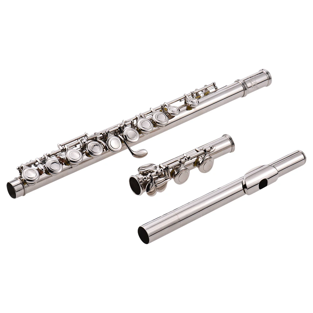 Western Concert Flute Silver Plated 16 Holes C Key Cupronickel Woodwind Instrument with Cleaning Cloth Stick Bag