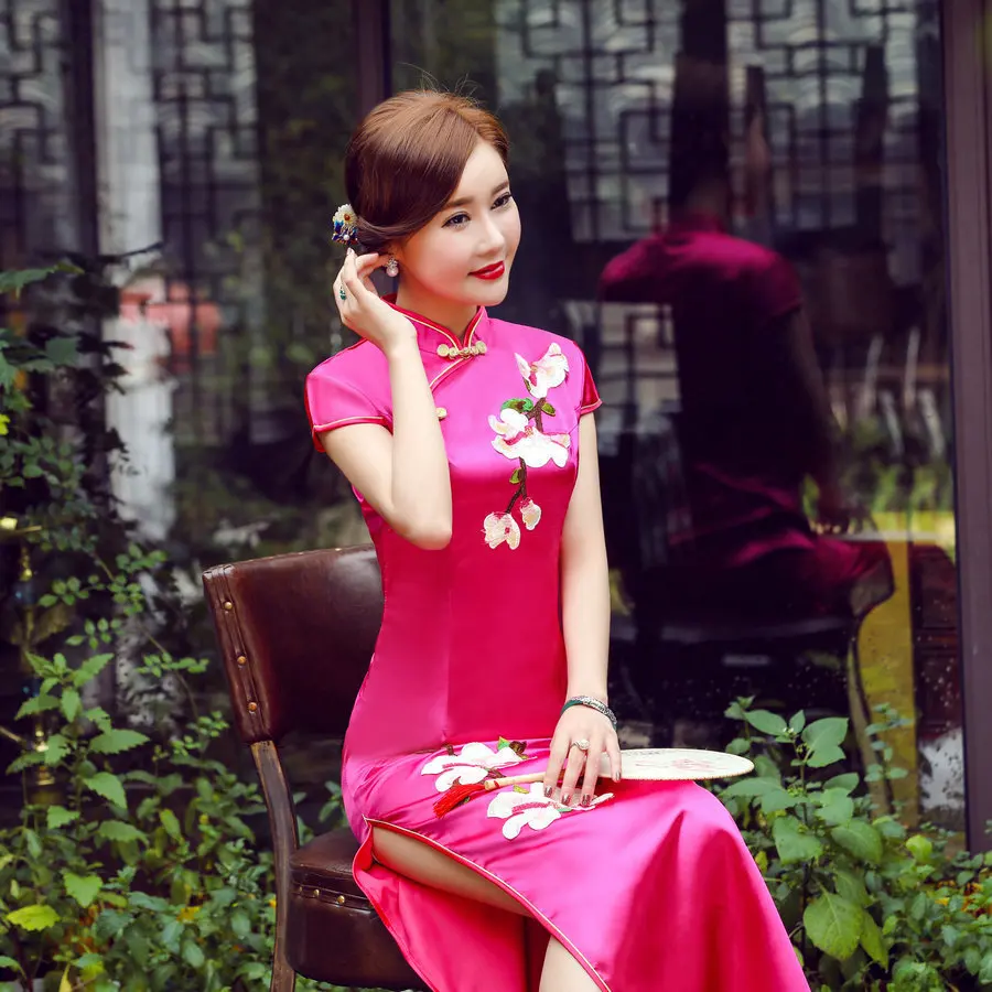 Китайские традиционные платья Повседневное платье Чонсам длинное Новая Винтажная Женская Роба в восточном стиле вышитое платье-чанпао шелк элегантный Qi Pao - Цвет: Deep reds