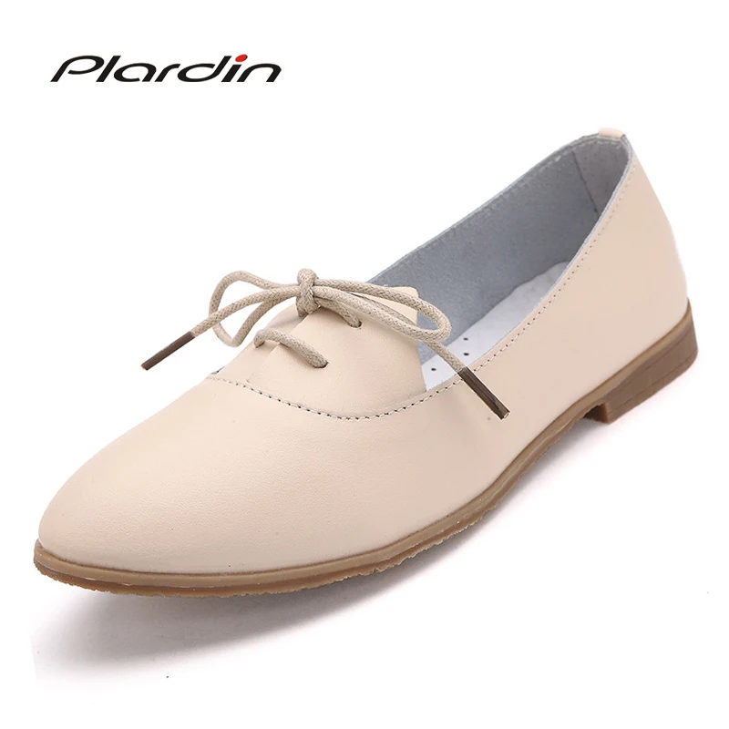 

Plardin New Woman Ballet Flats Pointed Toe Ruffles Sewing Lace Up Leather Shoes Fashion Leisure Cross-tied Women Light Shoes
