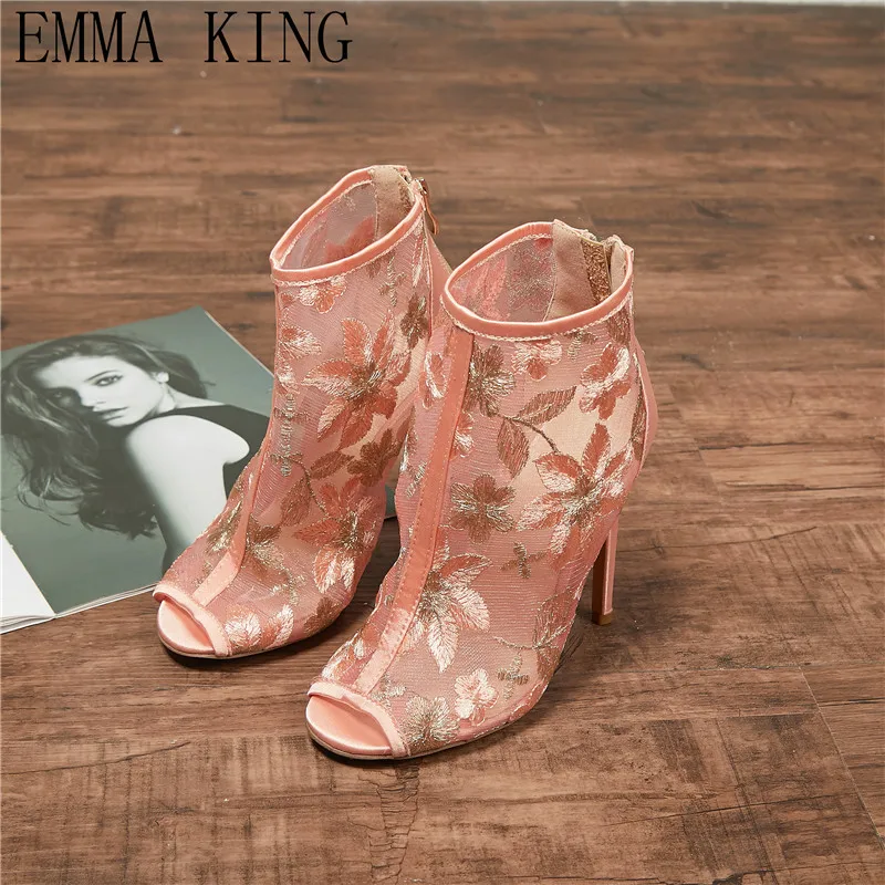 

Europe American Style New Lace Street Shot Sexy Shoes High-heeled Fish Mouth Zippe Stiletto Fashion Embroidered Women's Sandals