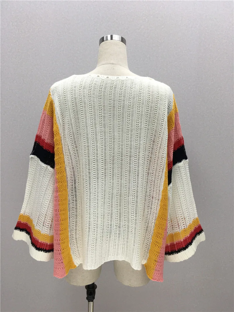 KHALEE YOSE белый вязаный свитер в полоску осенний Женский Свитер оверсайз расклешенный рукав богемное свободное винтажные пуловеры радужные свитера