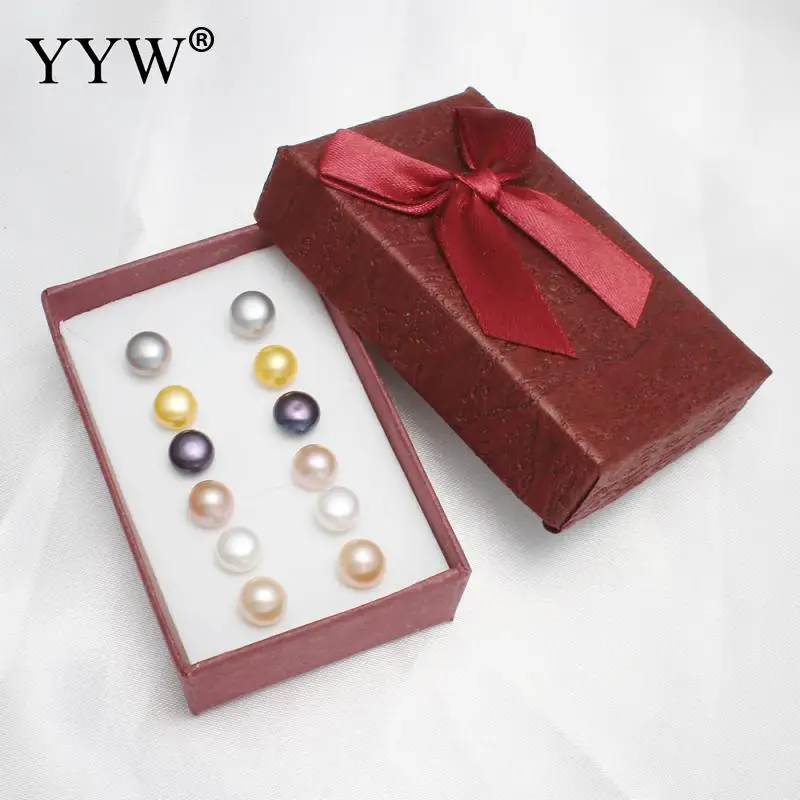 

YYW Women's Jewelry Earring Set 8-9mm 6Pairs Mixed Pink Purple Grey Black White Yellow Natural Freshwater Pearl Stud Earrings