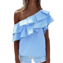 Girls Striped Shirts Ruffles Sexy Off Shoulder Summer Women Stripe Blouses Plus Size Ruffled Shirt Blusas Femininos GV593