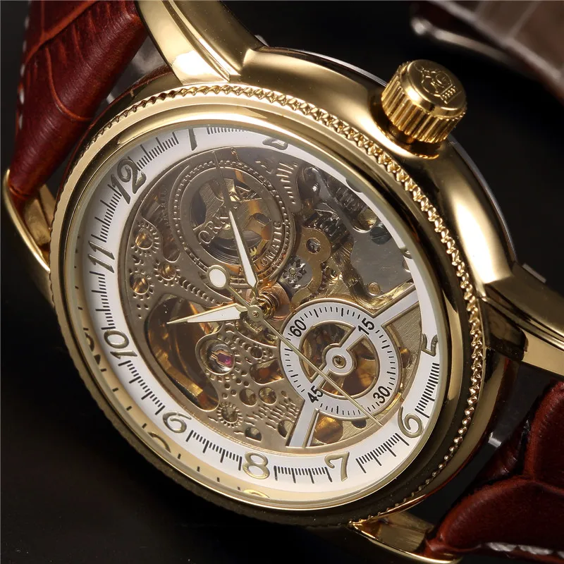 Men Wrist Watches Luxury Golden Skeleton Mechanical Steampunk Male Clock Automatic Wristwatch Leather Strap Herren Horloges mechanical watch