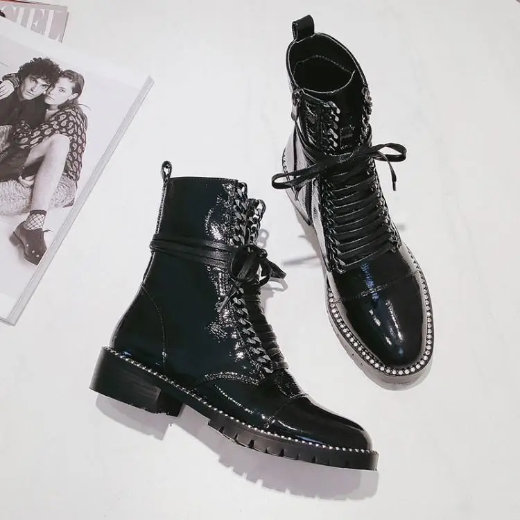 

Luxury Black Patent Leather Ankle Boots For Women Round Toe Rubber Chunky Heel Winter Shoes Woman Cross Tied Chain Zapatos Mujer