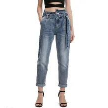 MORUANCLE дамы модные джинсы с поясами Элегантный Высокая талия джинсовые брюки для Для женщин Омывается синий Размеры XS-XL