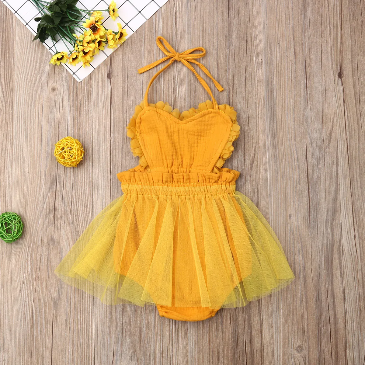 Newborn Baby Girl Tulle Romper Dress Yellow Solid Lace Sleeveless Belt Jumpsuit Outfits Summer Clothes