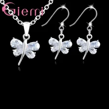 Симпатичная стрекоза, серьги, ожерелье, кулон, ювелирные наборы, 925 пробы, серебро, твердый кубический цирконий, Кристалл для женщин, женский подарок