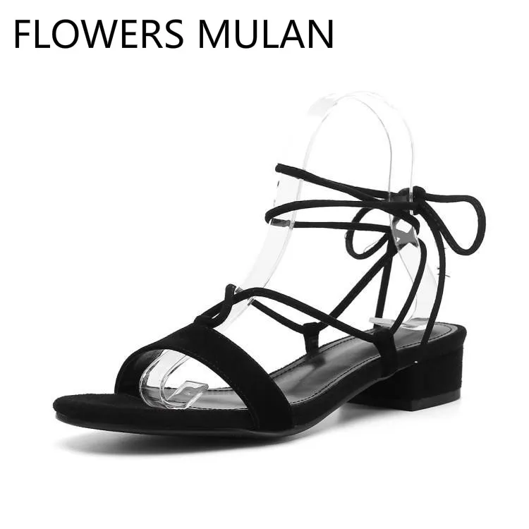 

Black Apricot Suede One Buckle Sandalias Mujer Brand Designer Cross Tied Ankle Strap Rome Shoes Woman Chunky Heels Zapatos