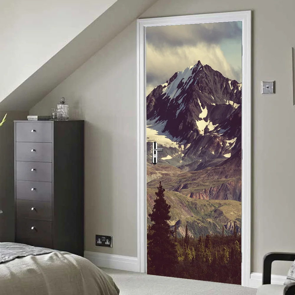 

3D Door Stickers Mountain Forest Scenery Room Bathroom Door Removable Vinyl Stickers Decorative Posters