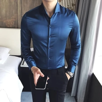 

Men Shirt Luxury Trendy Brand Male Long Sleeve Cool Shirts Casual Mens Silk Slim Fit Dress Mens Clothes Wedding Social Shirts
