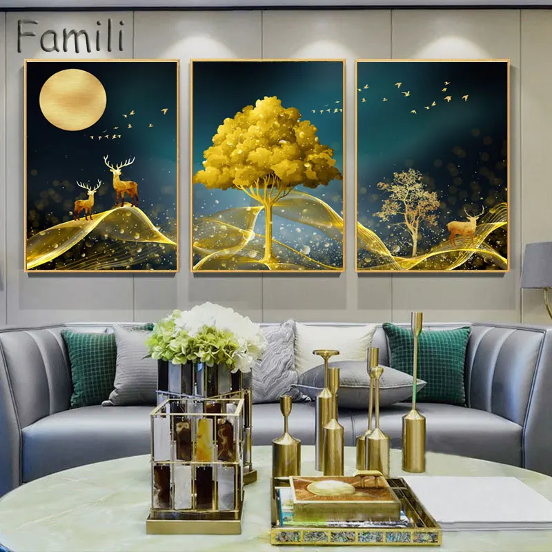 Настенный арт, абстрактный светильник, роскошные золотые листья, картина, холст, постеры с масляной живописью для гостиной, дома, декоративная, без рамы