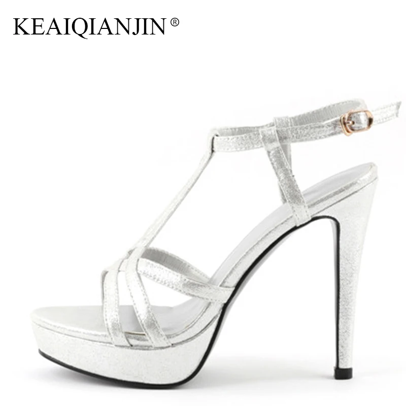 

KEAIQIANJIN Woman Summer Open Toe Silvery Sandal Sexy Fashion Black High Heels Shoes Genuine Leather Gladiator Peep Toe Sandals