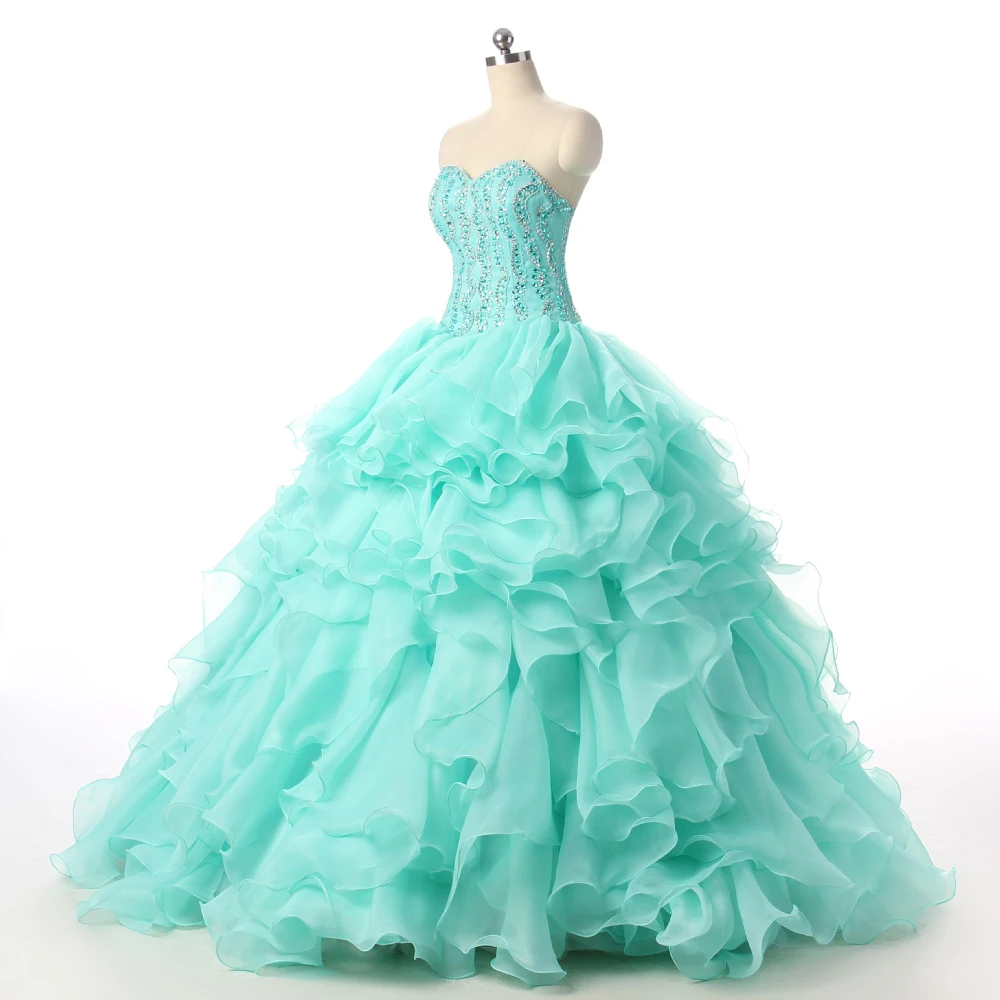 Wowbridal Роскошный Зеленая мята Quinceanera Платье Стеклянные Кристаллы Бальное платье Из Органзы Слои Сладкий 16 Платье Vestido Де 15