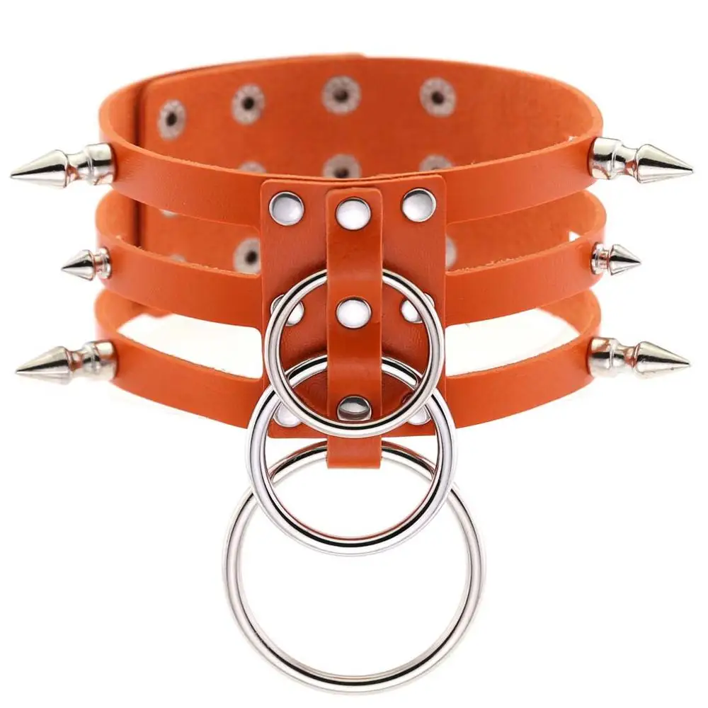 Панк 3 ряда кожаный чокер панк заклепки Готический воротник ожерелья для женщин мужчин металлический круглый бондаж Косплей яркая бижутерия для вечеринки - Окраска металла: Orange