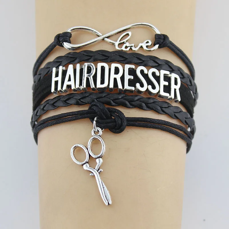 Pingente de tesoura de cabelo banhado a prata do infinito, cabeleireiro do amor, tesoura, pulseira ajustável de couro, pulseiras femininas, homens, joias com 10 peças