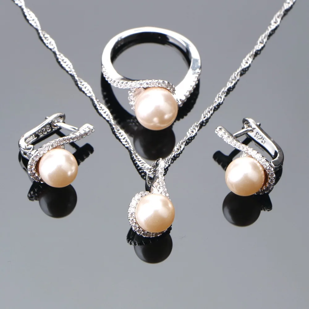 

Natural Pearl 925 Sterling Silver Bridal Jewelry Sets Earrings For Women Wedding Zircon Pearls Ring Pendant Necklaces Set