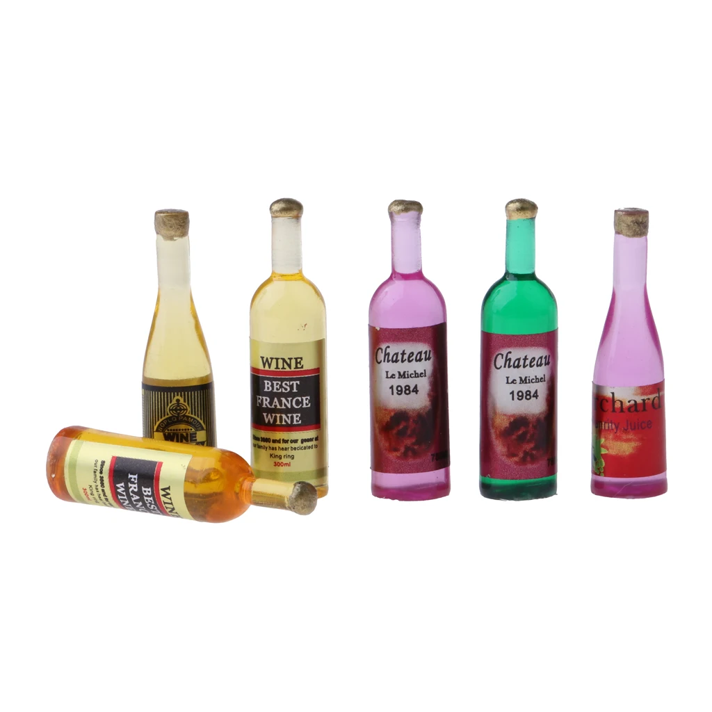 Set of 6 Pieces Miniature Wine Bottles Model Dollhouse Foods Accessories 1/12 Scale Wine Bottles Model Foods Groceries