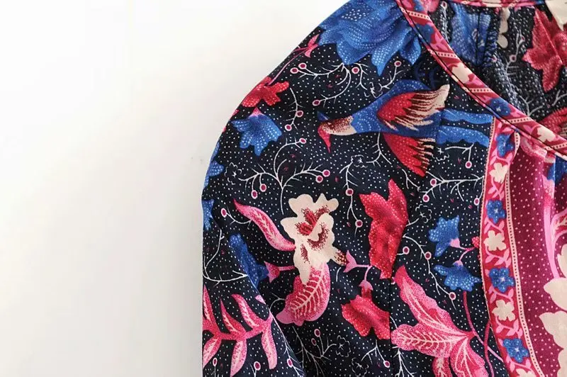 Винтажная шикарная Женская пляжная богемная блузка с цветочным принтом, женская рубашка с v-образным вырезом и пышными рукавами на шнуровке, свободные рубашки в стиле бохо, кимоно