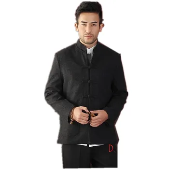 

Hot Sale Black Men's Long sleeve Chinese style Wool Jacket Kung Fu Coat Solid Simple Style Tang Suit Size S M L XL XXL XXXL