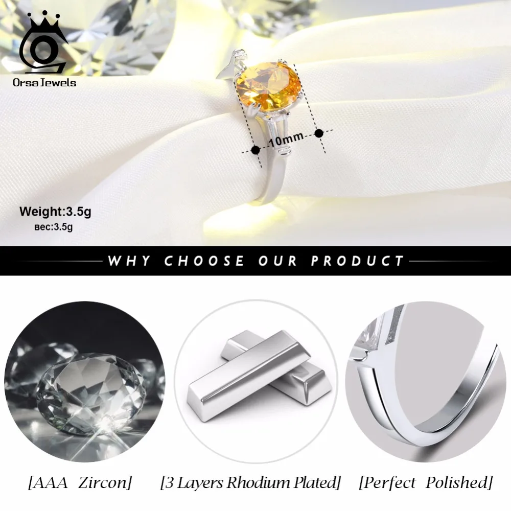 ORSA JEWELS Wedding Band For Women Prong Setting AAA Yellow Cubic Zircon Silver Color Ring Luxury Engagement Rings Jewelry AOR51