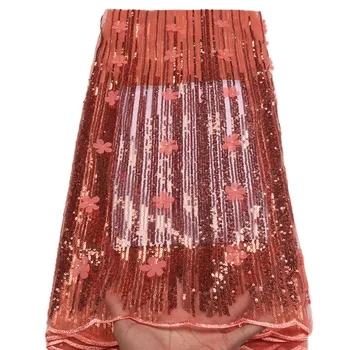 

Sequin African French Lace Fabric With3D Flowers, Embroidered Net Fabric Aso Ebi Lace In Peach MR1543B
